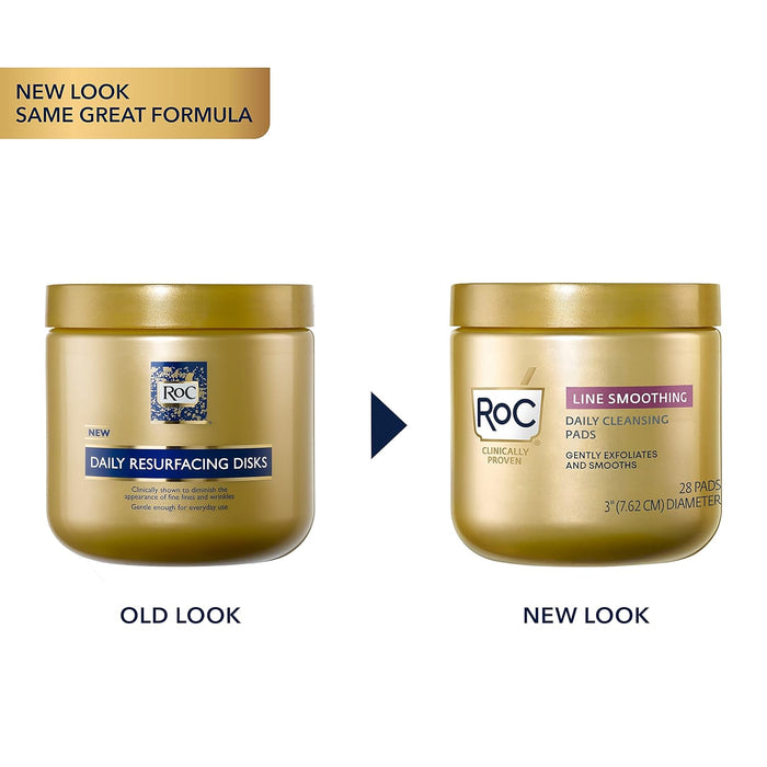 Roc Line Smoothing Daily Cleansing Pads Banner Showing Old Packaging Next To Newly Designed Packaging