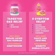 Pepto-Bismol products on a pink background with text about gas relief and 5-symptom relief.