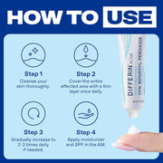 how-to-use graphic:
Differin 10% benzoyl peroxide application guide showing cleansing, a thin layer and gradual increases in use.