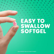Hand holding a pink softgel with text 'Easy to Swallow Softgel' on a green background