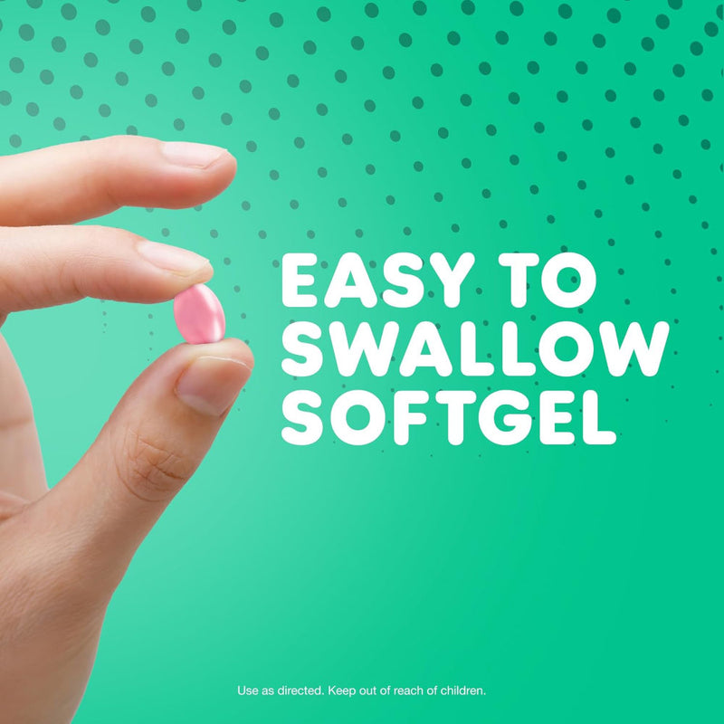 Hand holding a pink softgel with text 'Easy to Swallow Softgel' on a green background