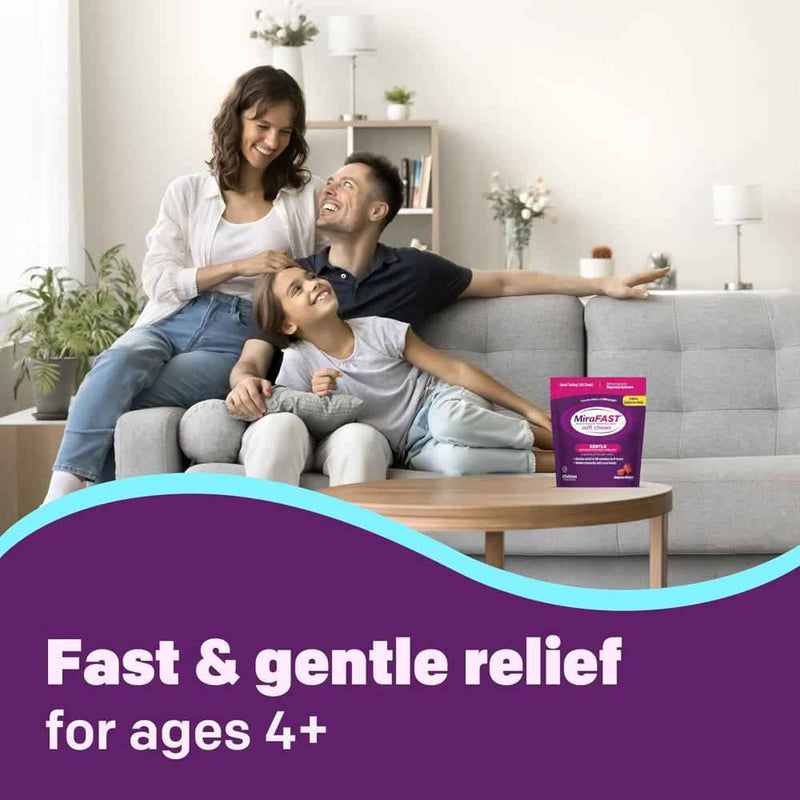 MiraFAST Soft Chews Gentle Constipation Relief Banner That Reads - Fast And Gentle Relief For Ages 4 Plus