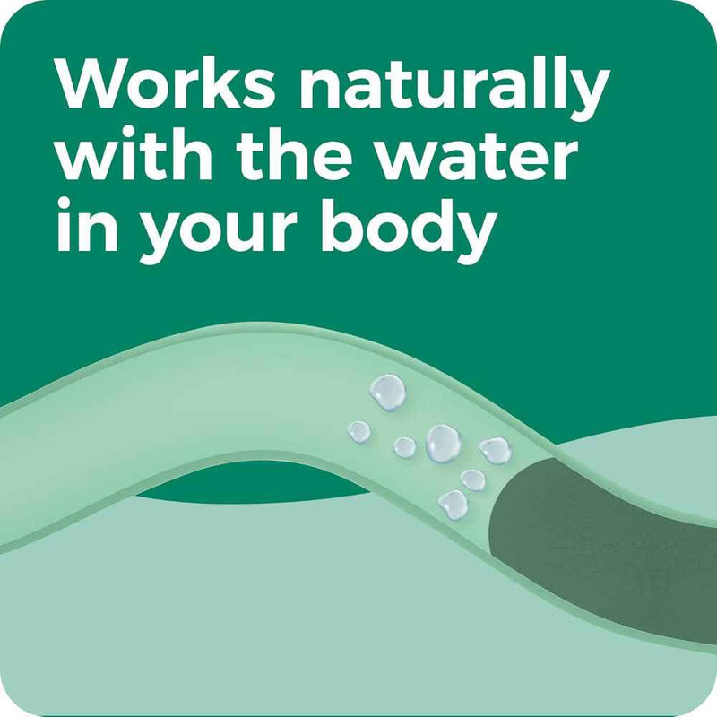 Text 'Works naturally with the water in your body' on a green background with a graphic of water droplets.