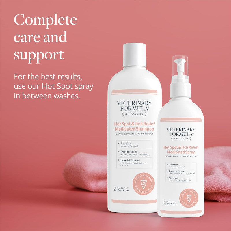 Pink advertisement for Veterinary Formula Hot Spot & Itch Relief shampoo and spray, with a towel behind the bottles. Text recommends using the spray between washes for complete care.