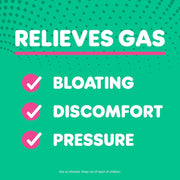 A teal and green informational graphic with the headline 'RELIEVES GAS' in white text, a pink underline, and three pink checkmarks next to the words 'BLOATING', 'DISCOMFORT', and 'PRESSURE'. Small text at the bottom says 'Use as directed.