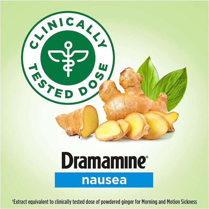 Dramamine Nausea Non=Drowsy Ginger Soft Chews 20 Count Banner That Reads Clinically Tested Dose