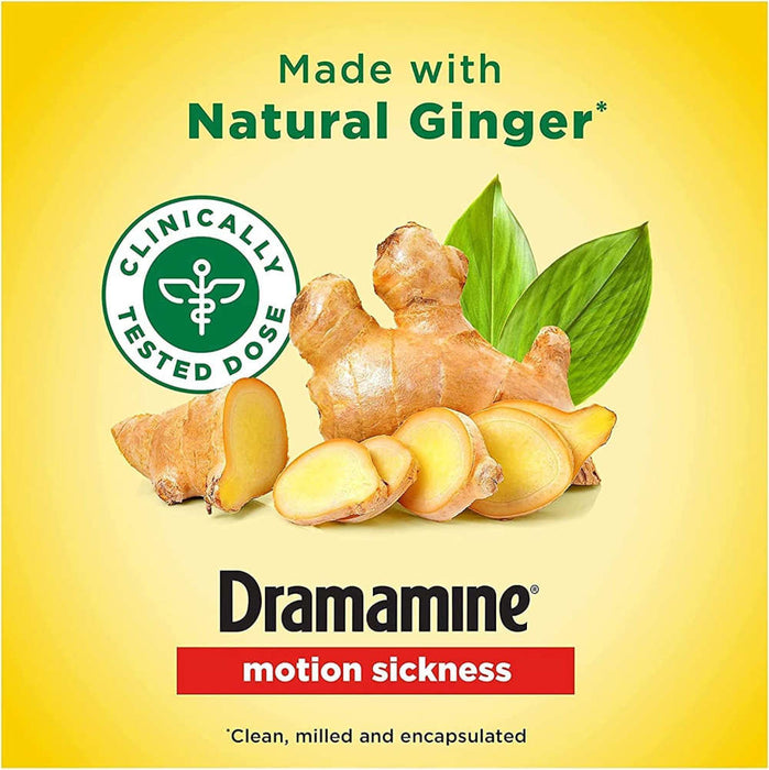 Dramamine Motion Sickness Non-Drowsy Tablets Banner That Reads Made With Natural Ginger