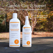 Two Veterinary Formula bottles—a medicated shampoo and spray—stand on a bench outdoors beneath “Complete Care & Support” text, conveying a calm, clinical feel.