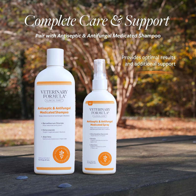 Two Veterinary Formula bottles—a medicated shampoo and spray—stand on a bench outdoors beneath “Complete Care & Support” text, conveying a calm, clinical feel.