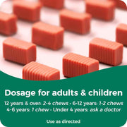 Red chewable tablets on a white background with dosage instructions.