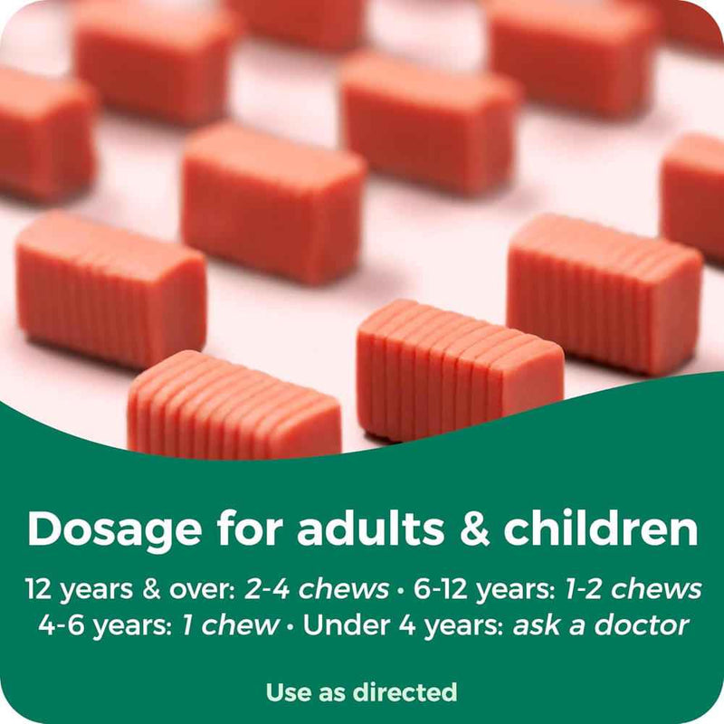 Red chewable tablets on a white background with dosage instructions.