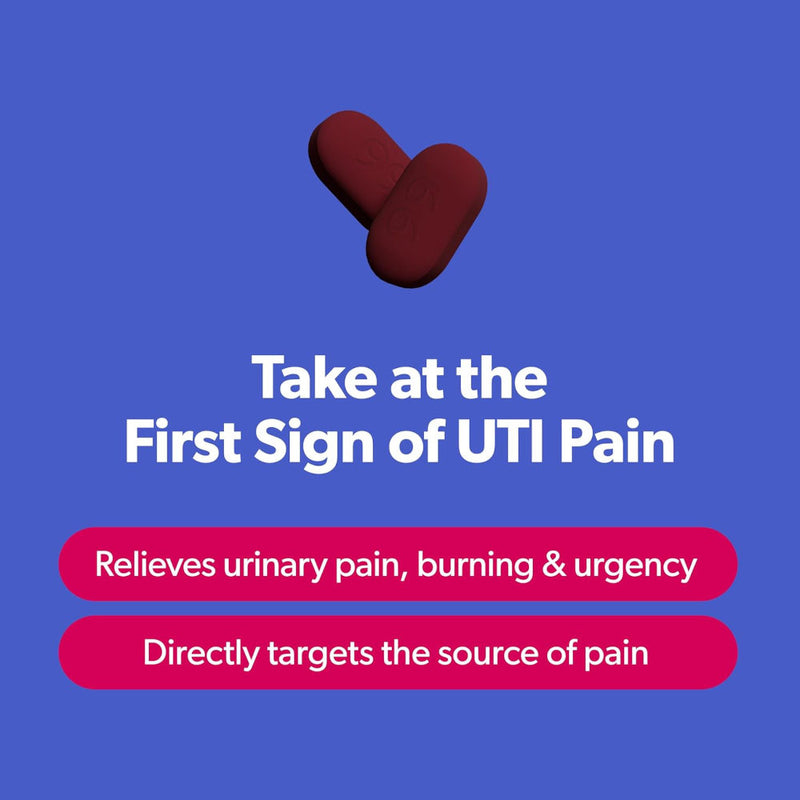 A blue promotional AZO graphic with a dark red pill-shaped illustration above white text reading 'Take at the First Sign of UTI Pain,' plus two pink rounded text boxes stating 'Relieves urinary pain, burning & urgency' and 'Directly targets the source of pain.'.
