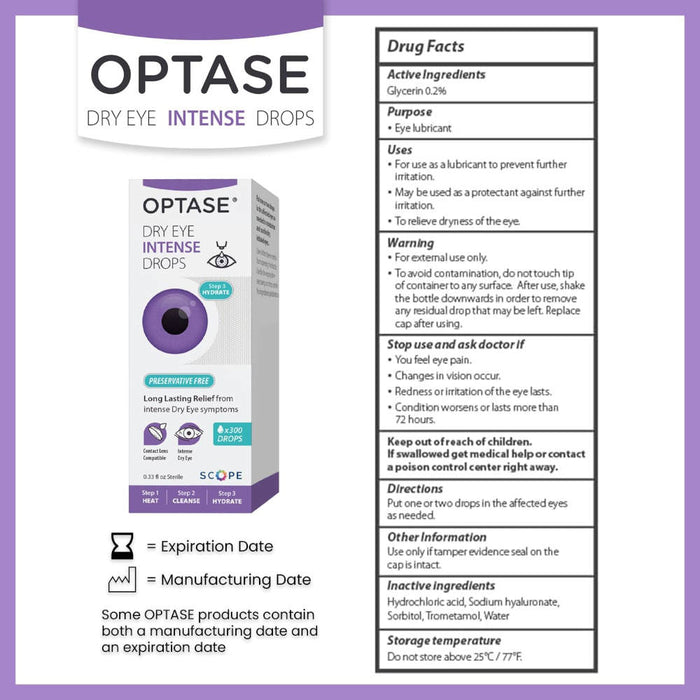 OPTASE Dry Eye Intense Drops, 0.33 fl oz Usage Instructions On Reverse Of Product Packaging