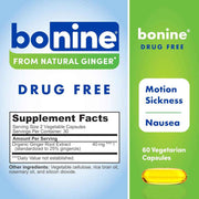 Bonine Ginger Non Drowsy Motion Sickness Tablets 60 Banner Showing Product Ingredients