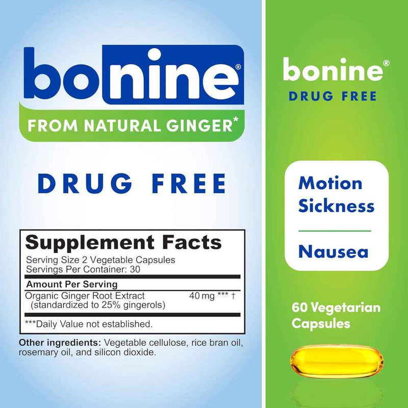 Bonine Ginger Non Drowsy Motion Sickness Tablets 60 Banner Showing Product Ingredients