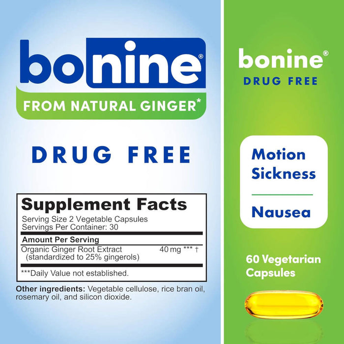 Bonine Ginger Non Drowsy Motion Sickness Tablets 60 Banner Showing Product Ingredients