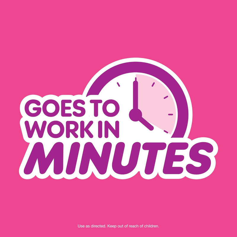 Clock graphic with text 'GOES TO WORK IN MINUTES' on a pink background