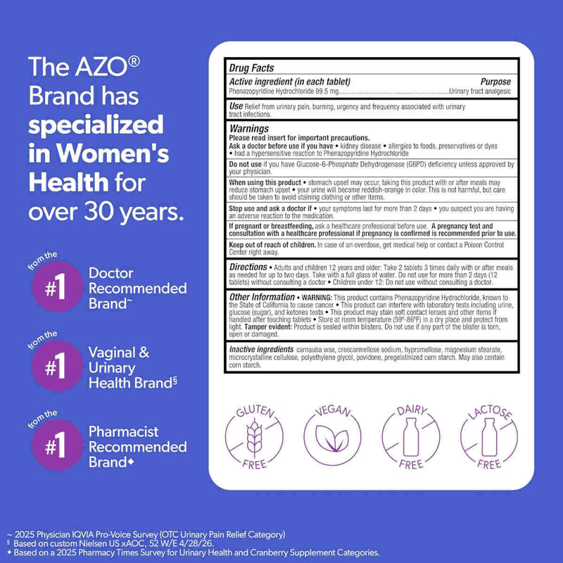 AZO Urinary Pain Relief Maximum Strength Drug Facts, showing ingredients, directions and warnings.