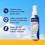 PanOxyl antimicrobial purifying mist bottle with benefits listed on a blue and yellow background