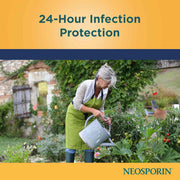 A woman in a garden wearing a green apron and blue rain boots waters plants with a metal watering can. The image includes text banners reading '24-Hour Infection Protection' at the top and 'NEOSPORIN' at the bottom right.