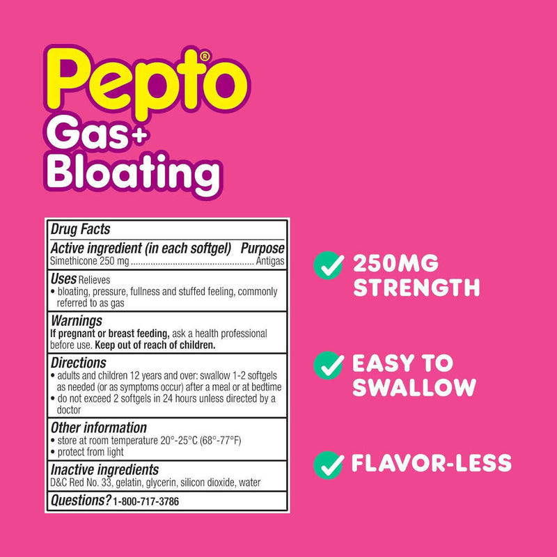 Pepto Gas+ Bloating drug facts label on a bright pink background, with large yellow and white Pepto branding, a boxed product details panel, and green check marks next to 250MG strength, easy to swallow, and flavor-less claims.