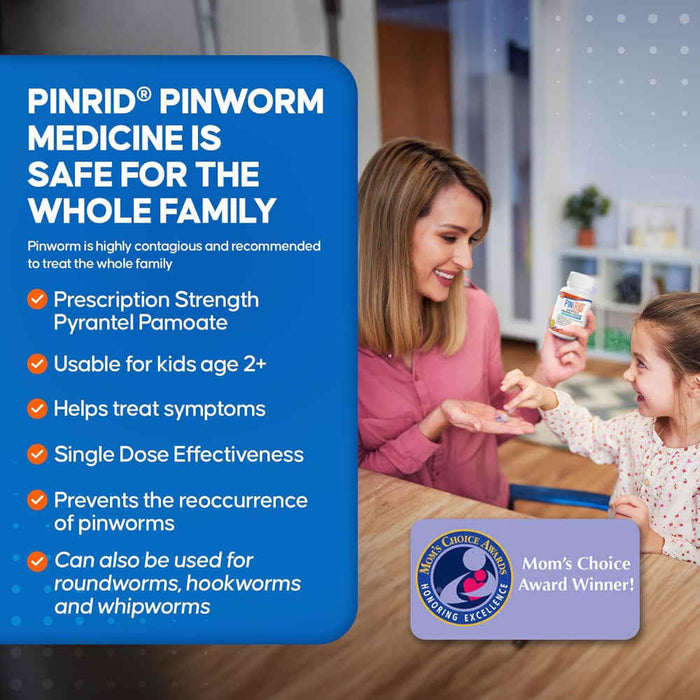 Woman and child with Pinrid pinworm medicine, emphasizing safety for the whole family.