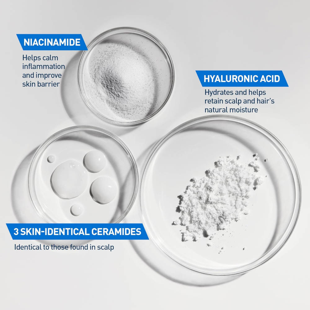 Three glass bowls with different ingredients labeled Niacinamide, Hyaluronic Acid, and 3 Skin-Identical Ceramides on a light gray background.
