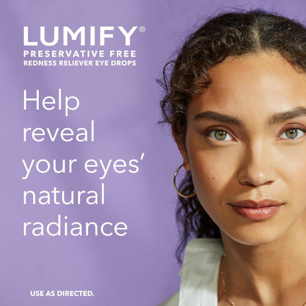 Advertisement for Bausch + Lomb Lumify Preservative Free redness reliever eye drops with a woman's face on a purple background