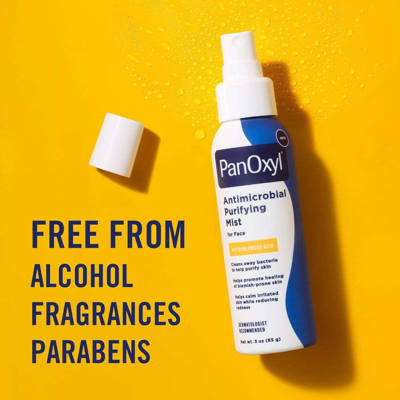  text reading 'FREE FROM ALCOHOL FRAGRANCES PARABENS'. PanOxyl Antimicrobial Purifying Mist spray bottle on a bright yellow background with a detached white cap and large