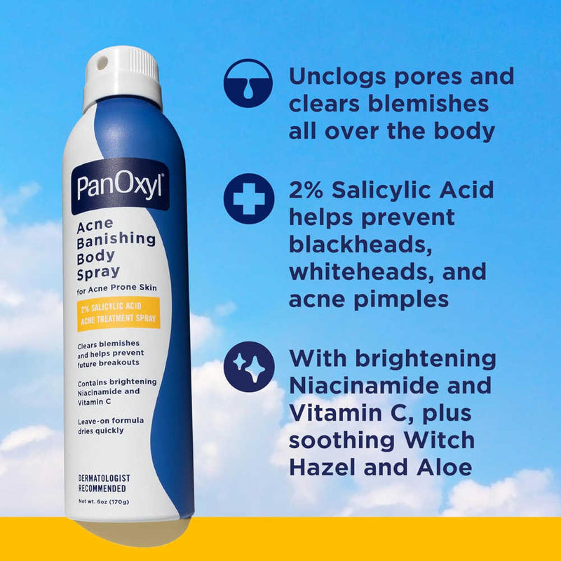  Product details on a blue and yellow background for PanOxyl Acne Banishing Body Spray