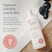 Veterinarian-recommended medicated oatmeal and aloe shampoo beside a bathtub, with text highlighting healthy coat and skin and a gentle, science-backed formula.