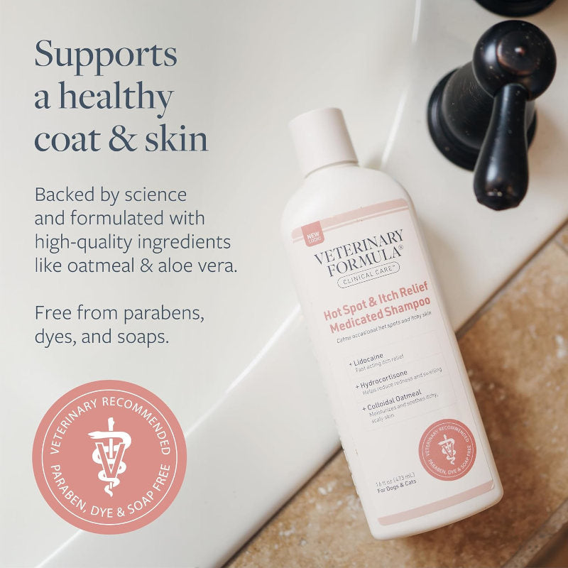 Veterinarian-recommended medicated oatmeal and aloe shampoo beside a bathtub, with text highlighting healthy coat and skin and a gentle, science-backed formula.