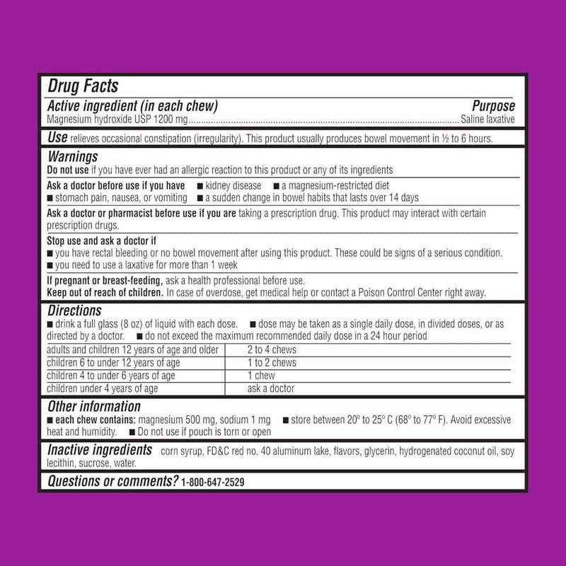 MiraFAST Soft Chews Gentle Constipation Relief Usage Instructions On Reverse Of Packaging
