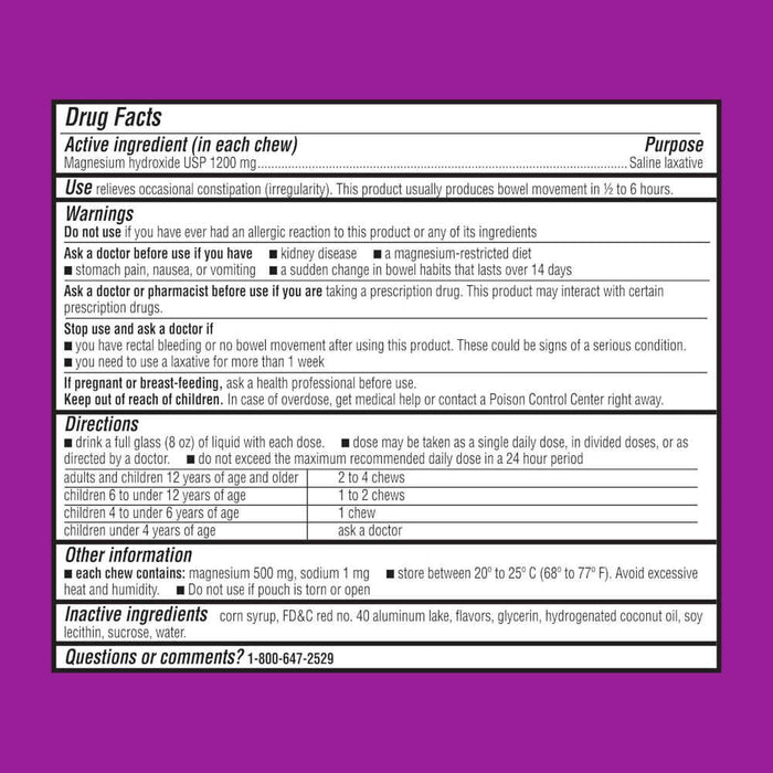 MiraFAST Soft Chews Gentle Constipation Relief Usage Instructions On Reverse Of Packaging