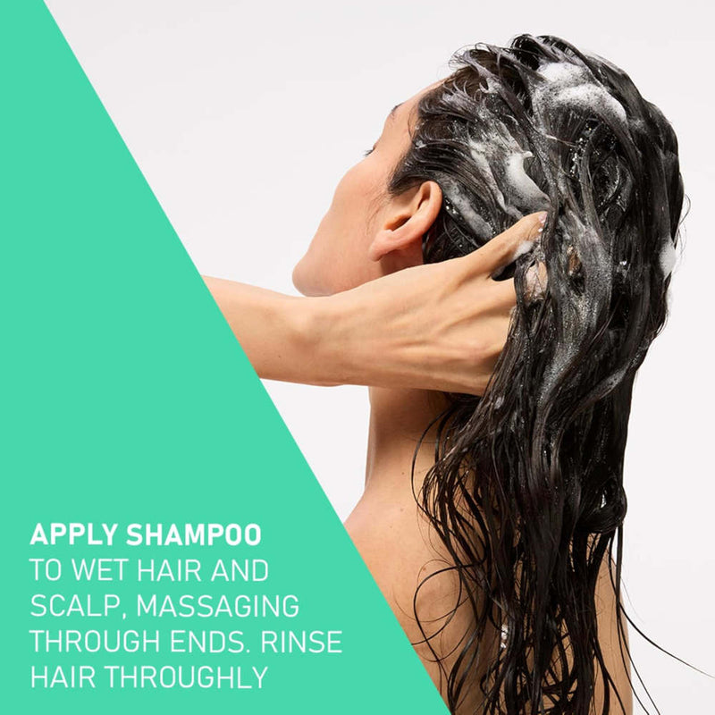 A woman with long dark hair covered in CeraVe Oil Control  Shampoo lather is shown from the back and side, with instructional text on a teal diagonal panel. The image demonstrates shampoo application on hair rather than showing a packaged product.