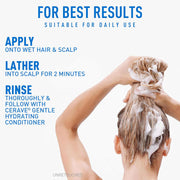 Person applying shampoo to hair with text on how to use it, suitable for daily use. CeraVe Gentle Hydrating Shampoo