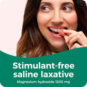 Woman holding a laxative tablet with text about a stimulant-free saline laxative.