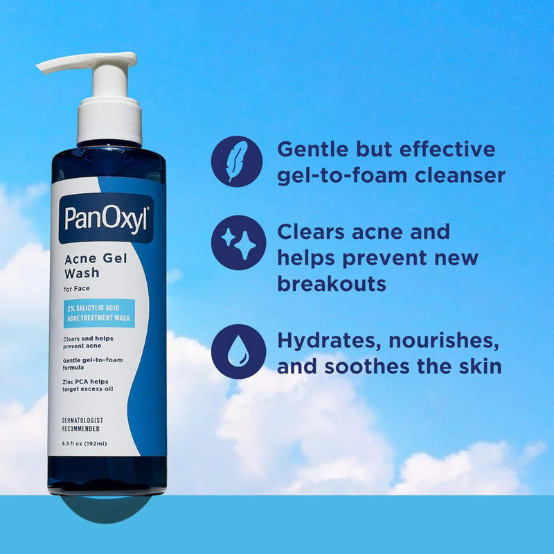 PanOxyl Acne Gel Wash ad banner; Bottle beside claims it gently clears acne, prevents breakouts, and hydrates skin, against a bright blue sky.