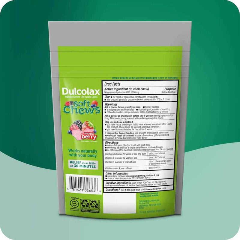 Dulcolax soft chews packaging with green label on a teal and light blue gradient background