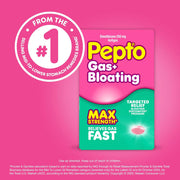 Pepto-Bismol Gas + Bloating medication packaging on a pink background