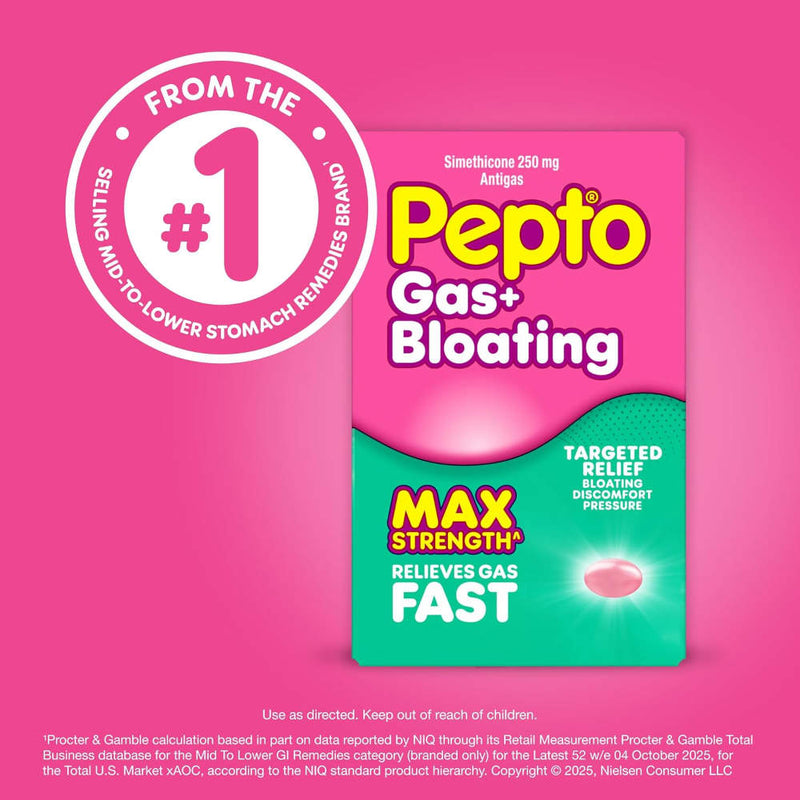 Pepto-Bismol Gas + Bloating medication packaging on a pink background