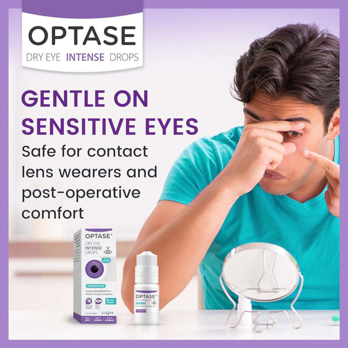 OPTASE Dry Eye Intense Drops, 0.33 fl oz Banner Showing Male Inserting Contact Lens