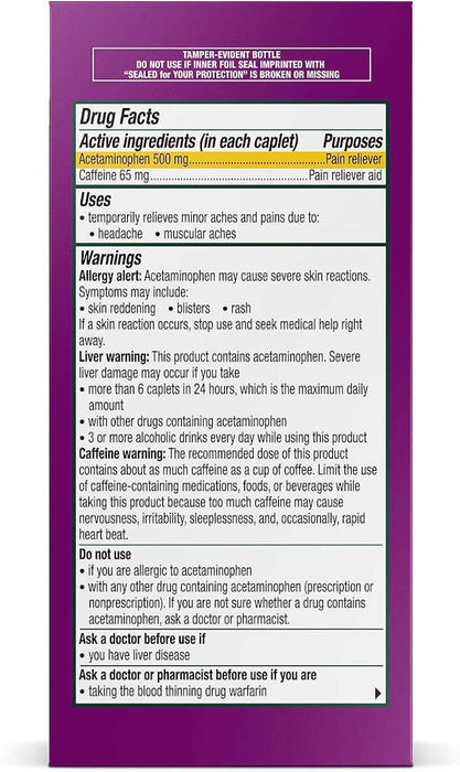 Excedrin Tension Headache Caplets 100ct  Usage Instructions On Reverse Of Product Packaging