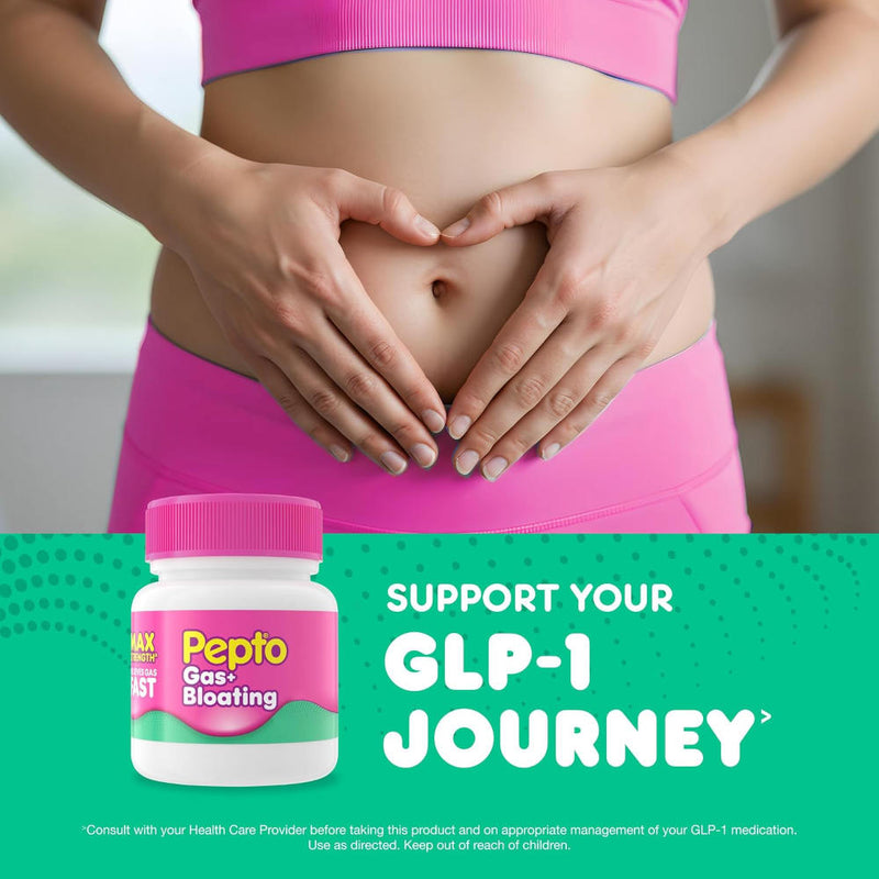 Person in pink athletic wear with hands on stomach, Pepto-Bismol bottle, and text about GLP-1 journey.
