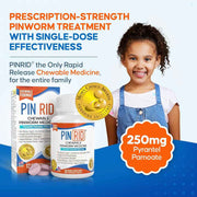 PINRID pinworm treatment packaging with a child and product details on a blue background