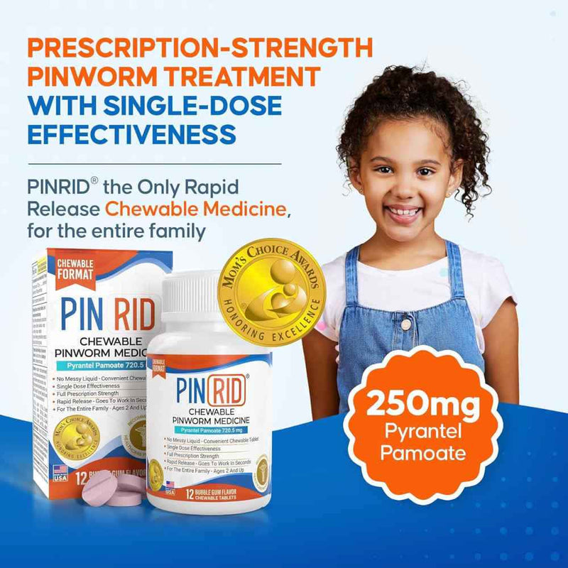 PINRID pinworm treatment packaging with a child and product details on a blue background