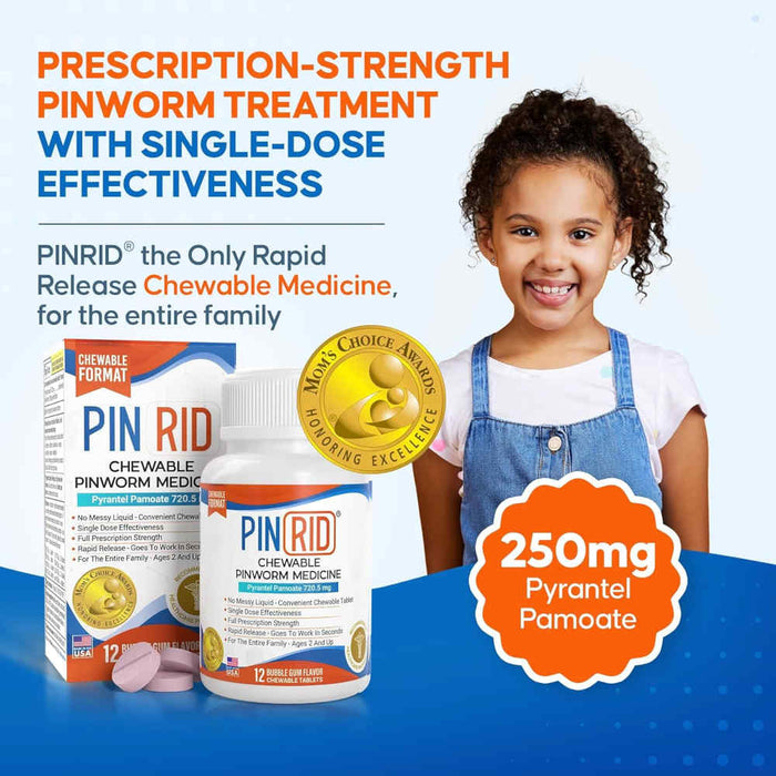 PINRID pinworm treatment packaging with a child and product details on a blue background