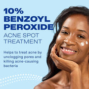 Skincare advertisement for Differin 10% benzoyl peroxide acne spot treatment, with a smiling woman applying cream to her cheek. Text says it helps unclog pores and kill acne-causing bacteria. The bright blue design feels upbeat and reassuring.