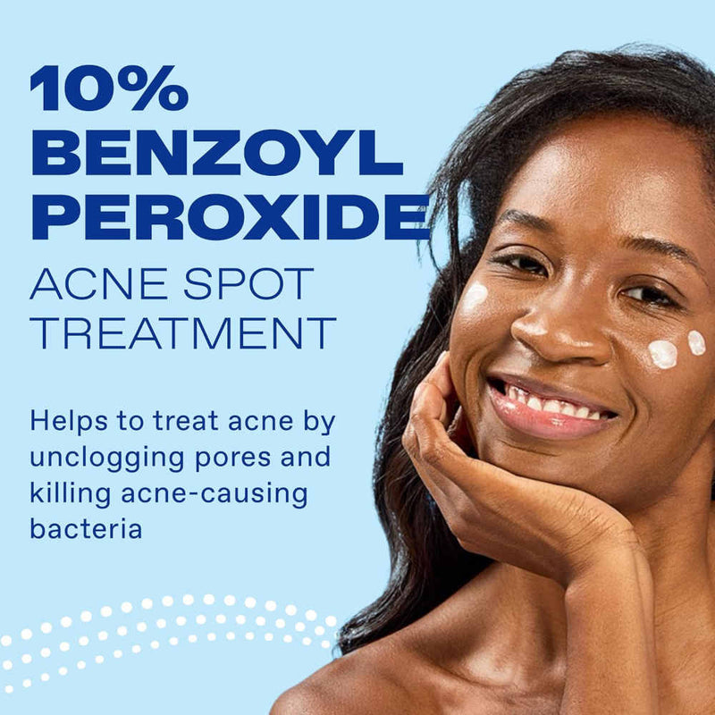 Skincare advertisement for Differin 10% benzoyl peroxide acne spot treatment, with a smiling woman applying cream to her cheek. Text says it helps unclog pores and kill acne-causing bacteria. The bright blue design feels upbeat and reassuring.