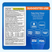Drug label with 'Suggested Use' and product details on a blue background